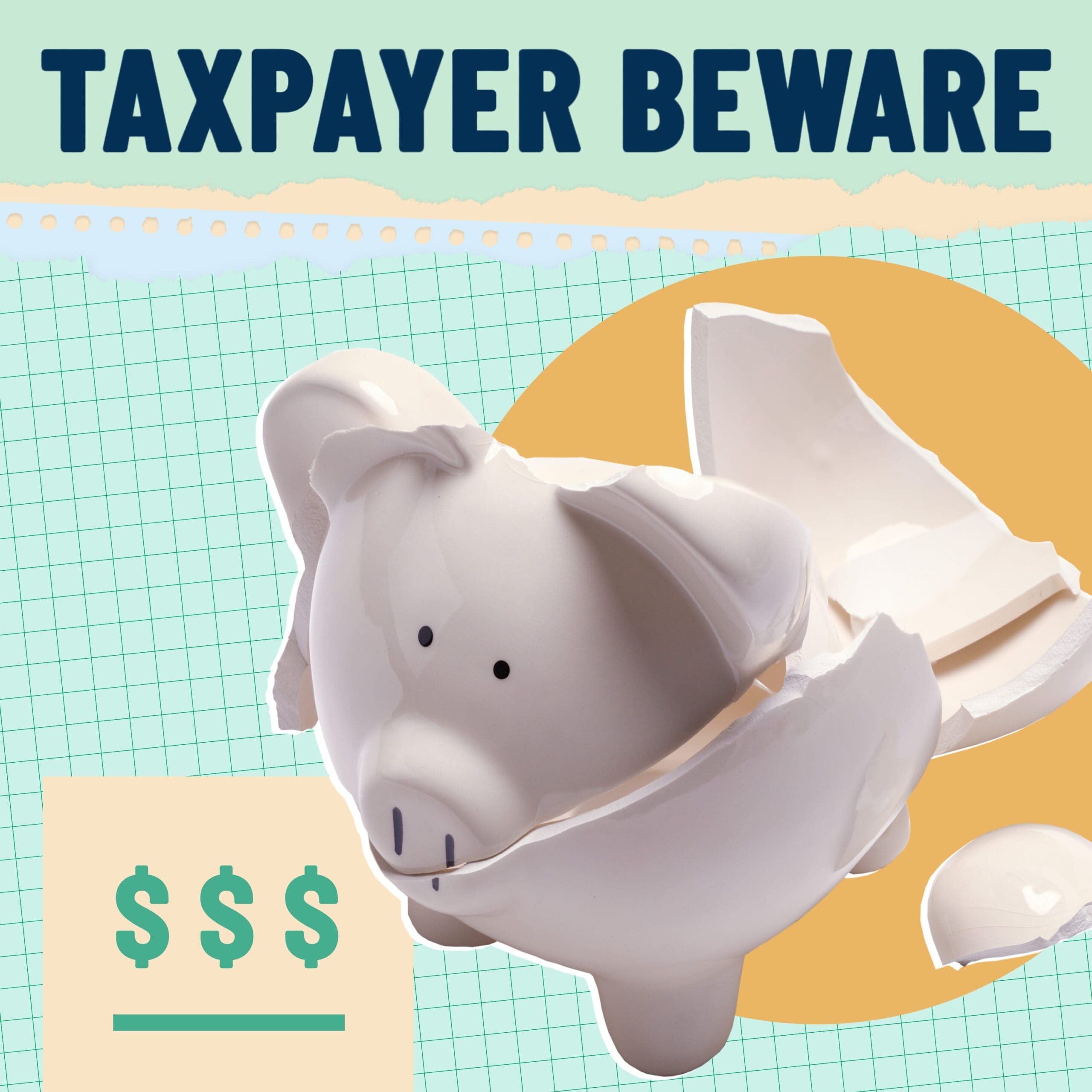 Cracked white piggy bank split open against a pastel grid collage, under a bold "TAXPAYER BEWARE" headline.